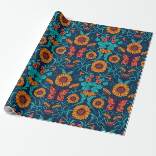 Art Nouveau daisies in blue and yellow Wrapping Paper
