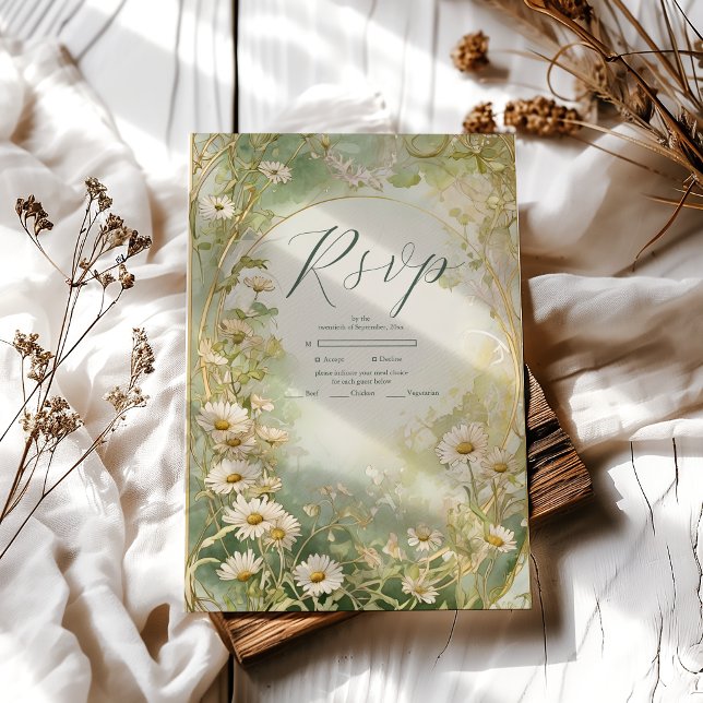 Art Nouveau Daisies Ivory Green Wedding RSVP Card (Creator Uploaded)