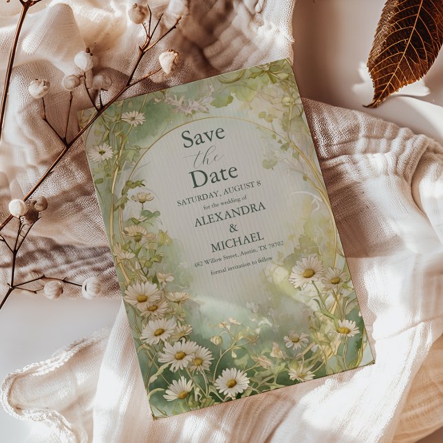 Art Nouveau Daisies Ivory Green Wedding Save The Date (Creator Uploaded)