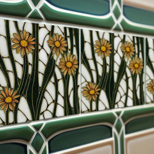 Art Nouveau Daisies Seamless white green florals Ceramic Tile