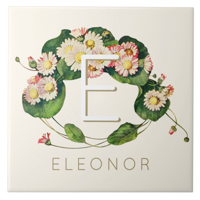 Art Nouveau Daisies Wreath Monogram to Personalize Ceramic Tile (Front)
