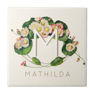 Art Nouveau Daisies Wreath Monogram to Personalize Ceramic Tile