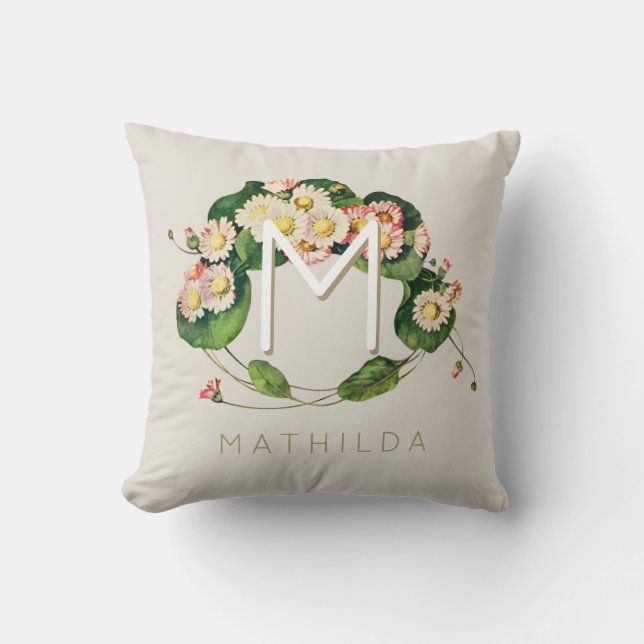 Art Nouveau Daisies Wreath Monogram to Personalize Throw Pillow (Front)