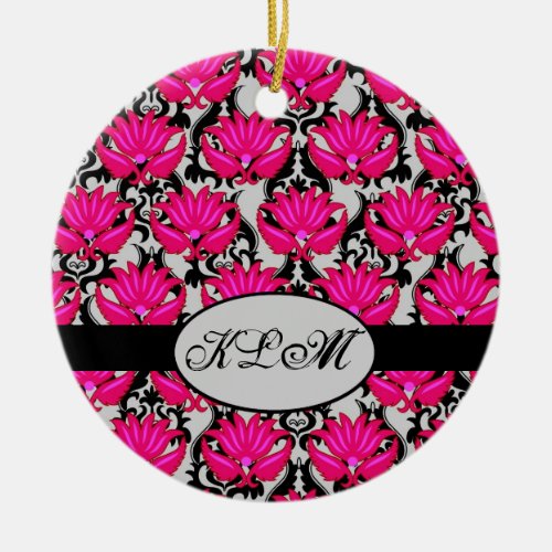 Art Nouveau Damask Monogram Hot Pink Black Gray Ceramic Ornament