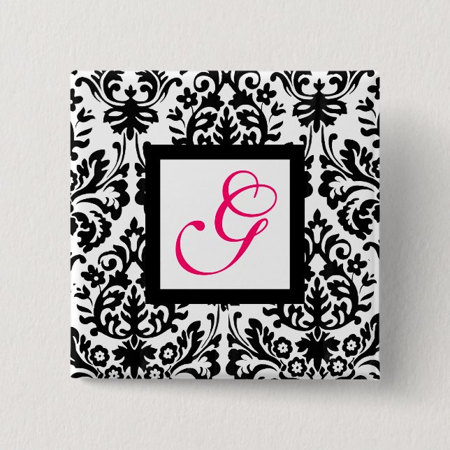 ART NOUVEAU DAMASK SQUARE  MONOGRAM,pink fuchsia Pinback Button (Front)