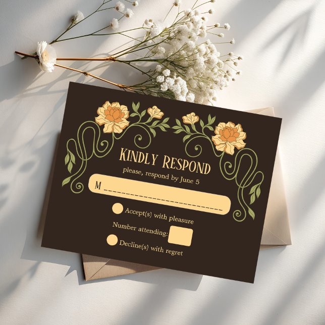 Art nouveau dark brown elegant wedding RSVP card (Art nouveau dark brown flower arch elegant wedding invitation RSVP cards moody noir dark invitations)
