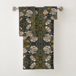 Art Nouveau Dark Gray Magnolia Pattern Bath Towel Set