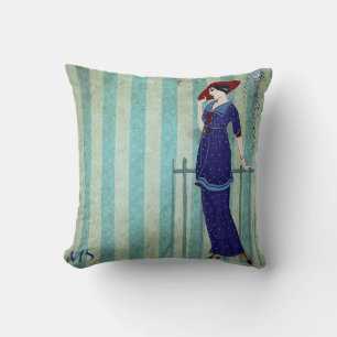 Art Nouveau Deco 1920s Vintage Blue Rustic Custom Throw Pillow