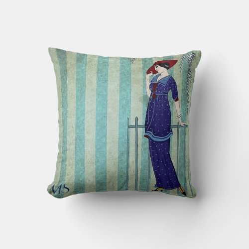 Art Nouveau Deco 1920s Vintage Blue Rustic Custom Throw Pillow