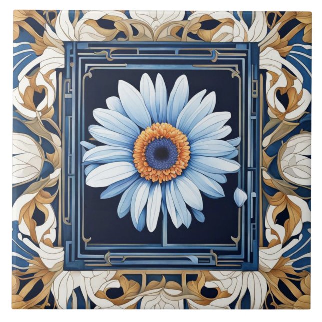 Art Nouveau Deco Blue White Gerbera Daisy Flower Ceramic Tile (Front)
