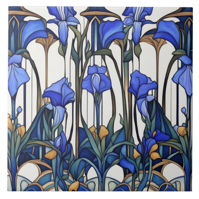 Art Nouveau Deco Blue & White Iris Flower Floral Ceramic Tile (Front)