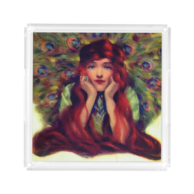 Art nouveau deco elegant woman peacock feathers  acrylic tray (Front)