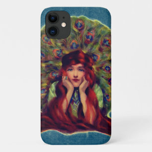 Art nouveau deco elegant woman peacock feathers  iPhone 11 case