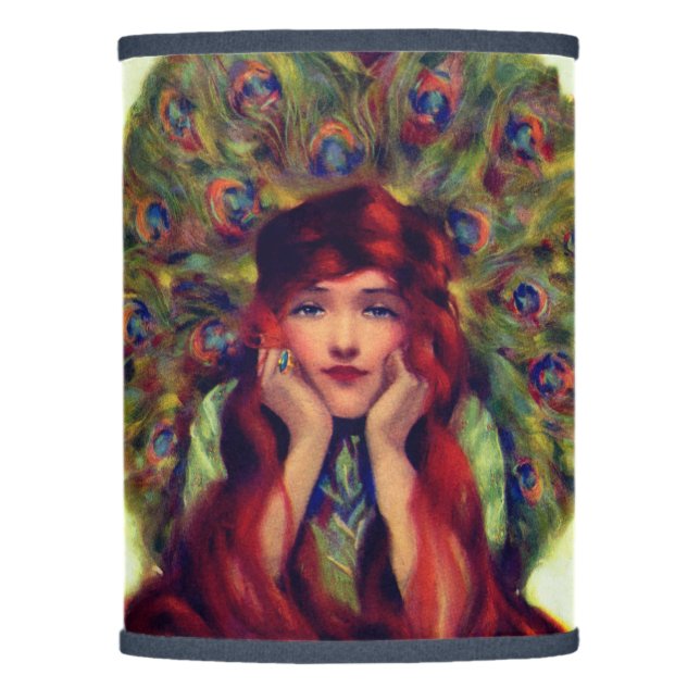 Art nouveau deco elegant woman peacock feathers  lamp shade (Front)