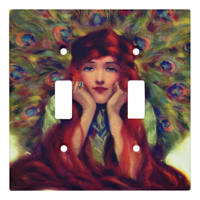 Art nouveau deco elegant woman peacock feathers  light switch cover (Front)