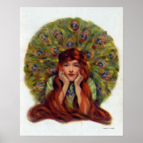 Art nouveau deco elegant woman peacock feathers  poster