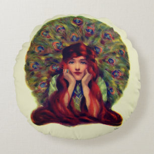 Art nouveau deco elegant woman peacock feathers round pillow