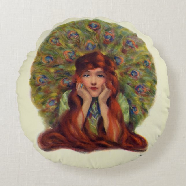 Art nouveau deco elegant woman peacock feathers  round pillow (Front)