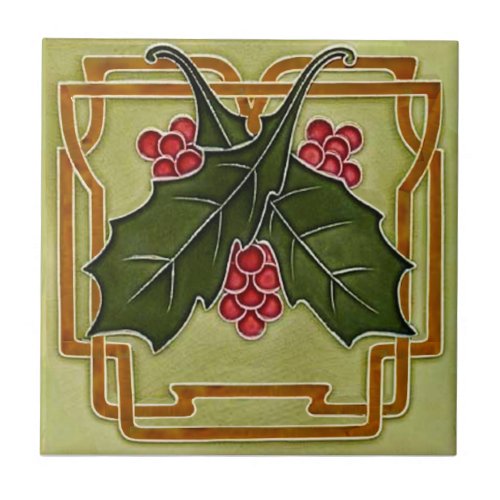 Art Nouveau Deco Holly Berries Christmas Repro Ceramic Tile