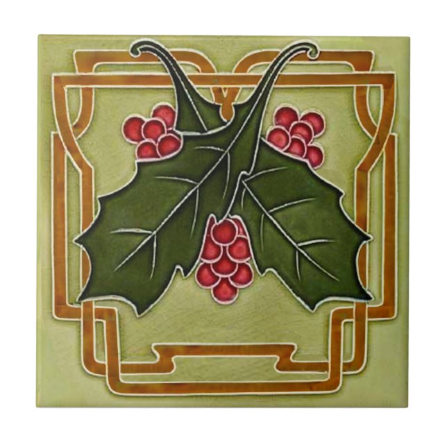 Art Nouveau Deco Holly Berries Christmas Repro Ceramic Tile (Front)