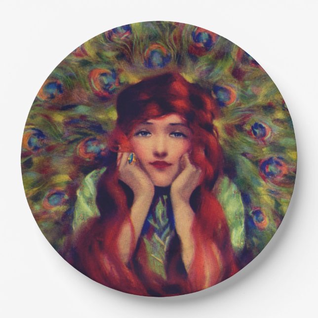Art nouveau deco woman peacock feathers elegant  paper plates (Front)