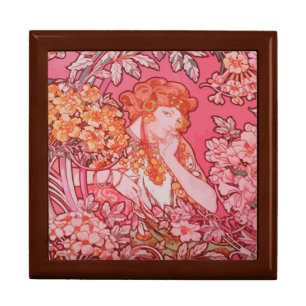 Art Nouveau design Tile Gift Box, Golden Oak Jewelry Box