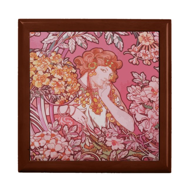 Art Nouveau design Tile Gift Box, Golden Oak Jewelry Box (Front)