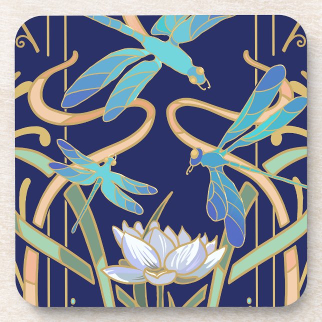 Art Nouveau Dragonflies Pattern Beverage Coaster (Front)