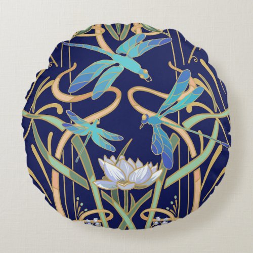 Art Nouveau Dragonflies Pattern Round Pillow
