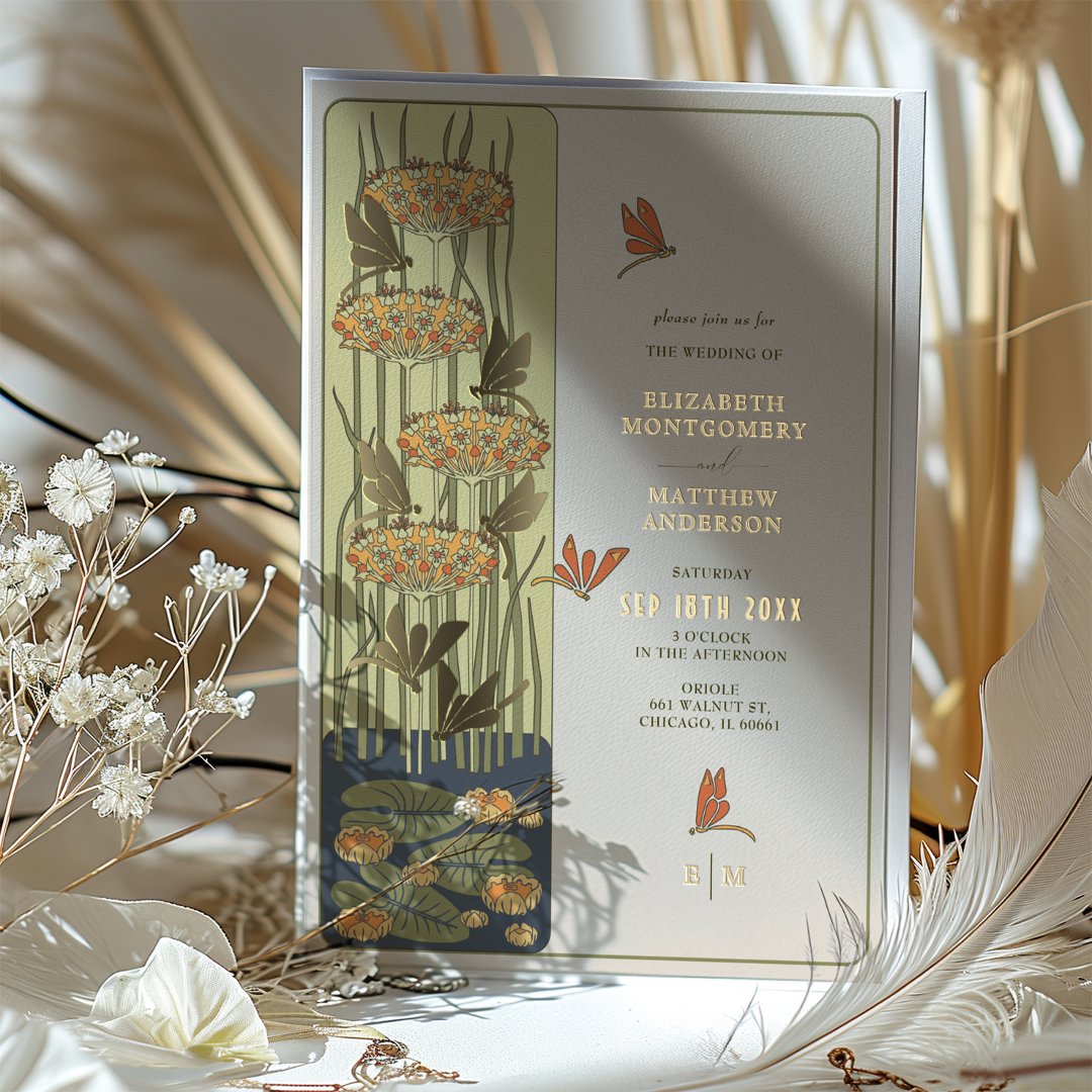 Art Nouveau Dragonfly and Floral Wedding Foil                    Invitation