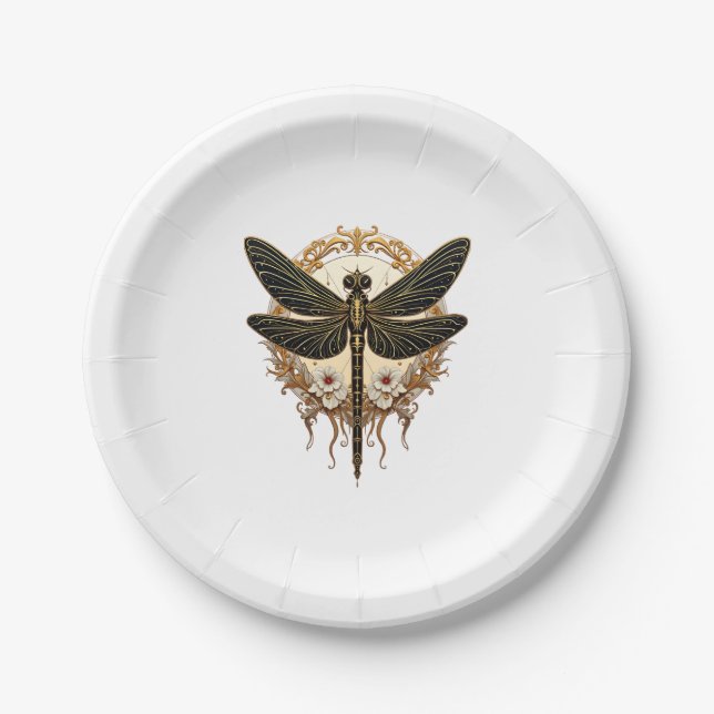 Art Nouveau Dragonfly Elegant Steampunk Paper Plates (Front)