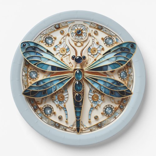 Art Nouveau Dragonfly Sapphires Elegant Gold   Paper Plates