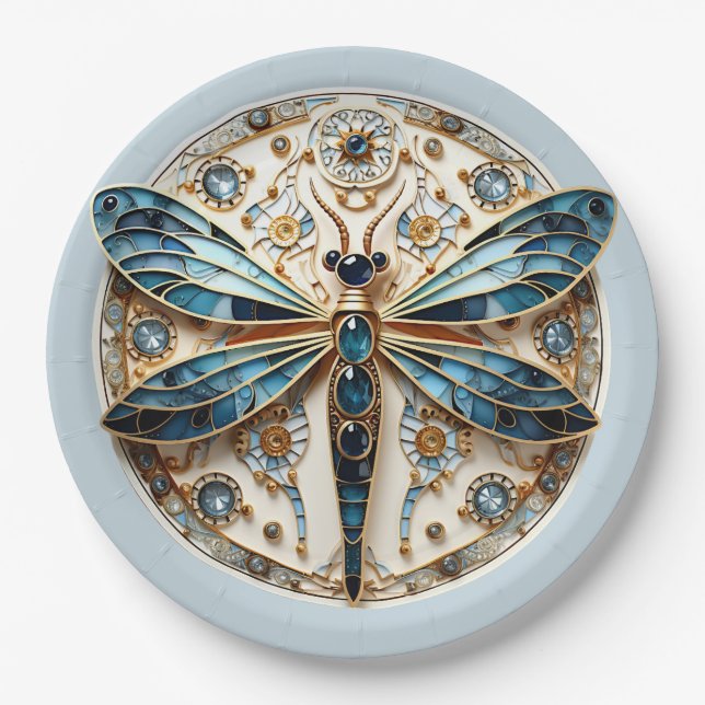 Art Nouveau Dragonfly Sapphires Elegant Gold   Paper Plates (Front)