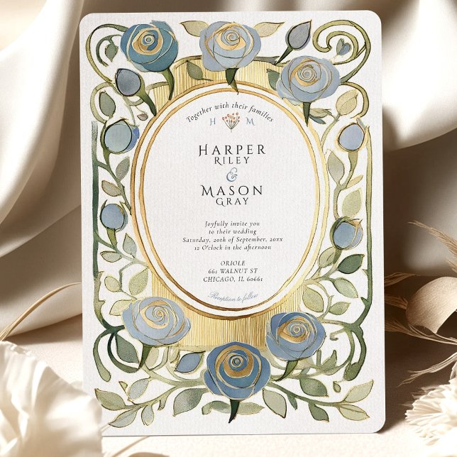 Art Nouveau Dusty Blue & Gold Roses Wedding Invitation (Creator Uploaded)