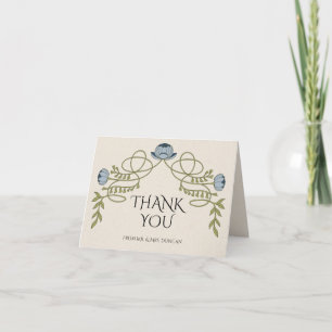 Art Nouveau Dusty Blue Navy Flower Wedding Photo Thank You Card