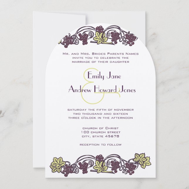 Art Nouveau Eggplant Lime Vineyard Wedding Invitation (Front)