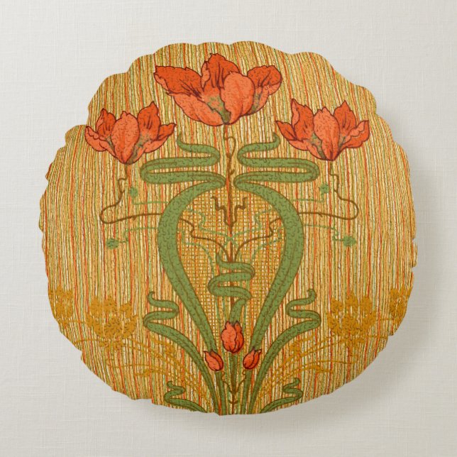 Art nouveau elegant floral poppy flowers victorian round pillow (Front)