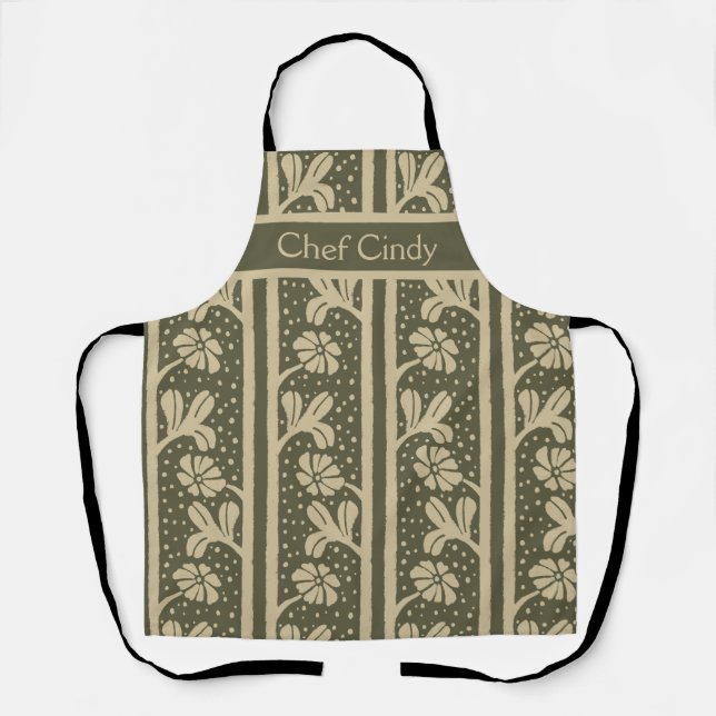 Art Nouveau Elegant Flowers Beige and Sage Green Apron (Front)