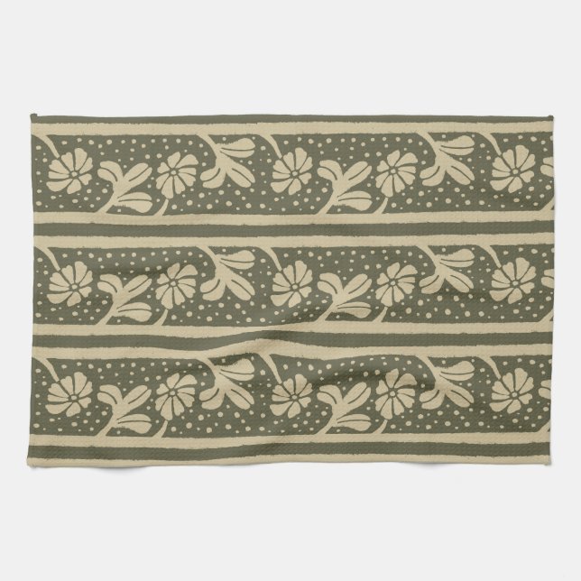 Art Nouveau Elegant Flowers Beige and Sage Green Kitchen Towel (Horizontal)