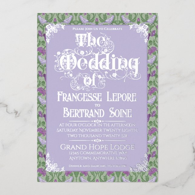 Art Nouveau Elegant Lovebirds Lavender Foil Invitation (Front)