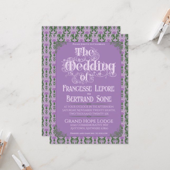 Art Nouveau Elegant Thistle Royal Lavender Invitation (Front/Back In Situ)