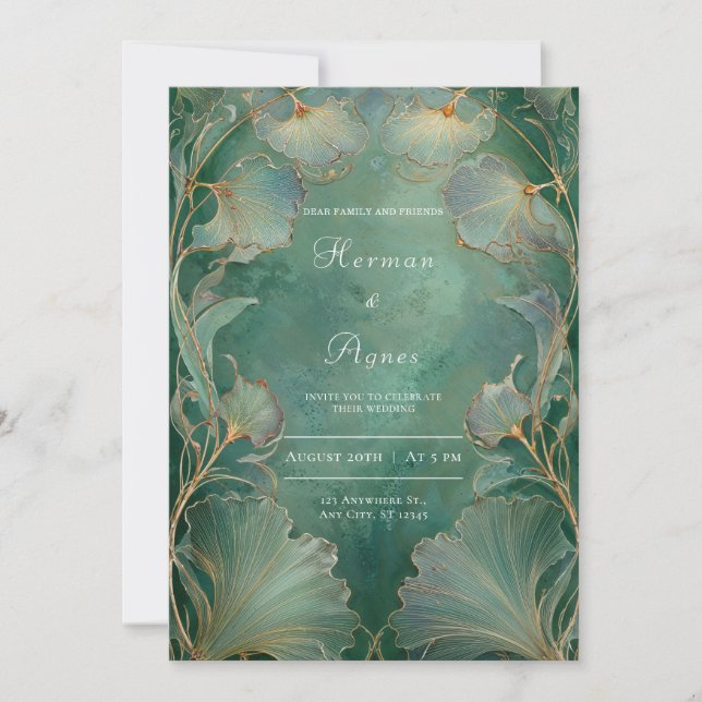 Art Nouveau Emerald Green Gold Ginkgo Leaf Wedding Invitation (Front)