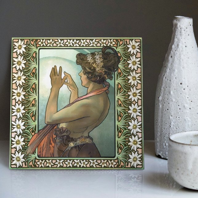 Art Nouveau Étoile Polaire Mucha Edelweiss Decor Ceramic Tile (Creator Uploaded)