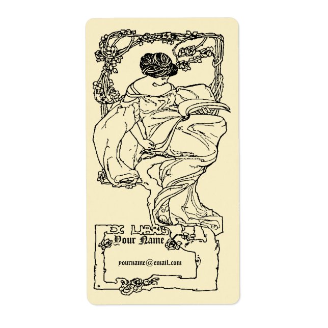 Art Nouveau Ex Libris Girl & Book On Rose Template Label (Front)
