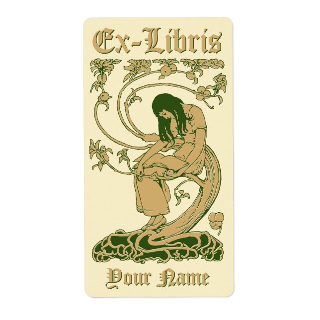 Art Nouveau Ex Libris Lady Book Tree Template Label (Front)