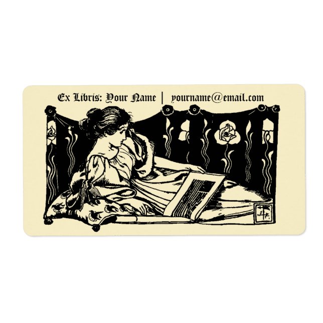 Art Nouveau Ex Libris Reclining Girl & Book Label (Front)
