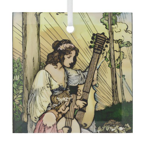 Art Nouveau Fairy Musicians Vintage Illustration  Glass Ornament