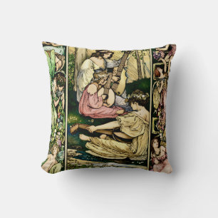 Art Nouveau Fairy Musicians Vintage Illustration Throw Pillow