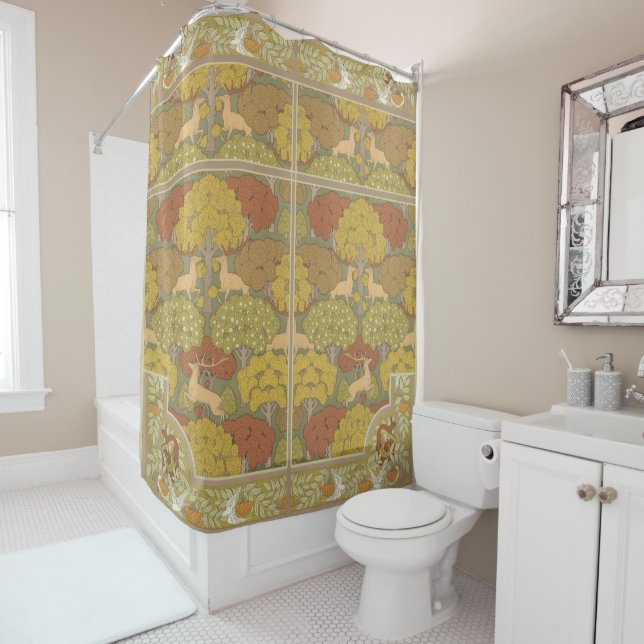 Art Nouveau Fall Forest & Deer Shower Curtain (In Situ)