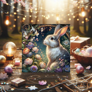 Art Nouveau Fantasy Flower Garden Rabbit Easter Holiday Card
